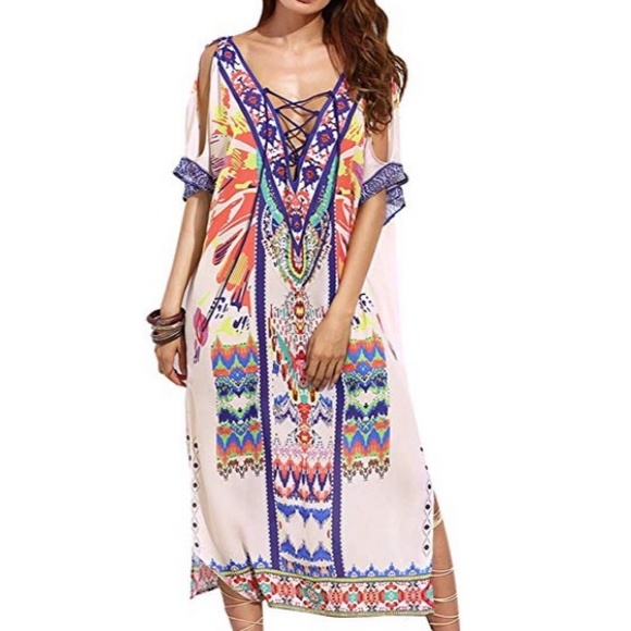 Coventavenue - Tribal Print Lace Up Summer Dress